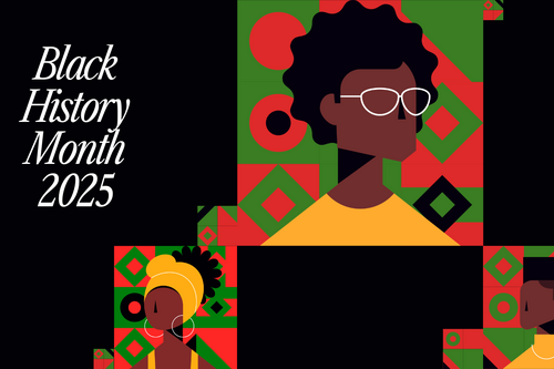 Cartoon black men and women on a stylised red, green and black background with the text Black History Month 2025